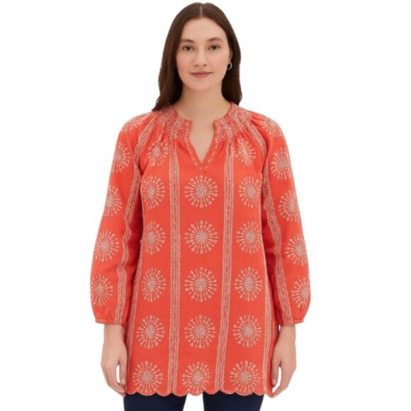 NEW Easel Small Red Tunic Blouse All Cotton Pullover White Eyelet Smocked BOHO - Picture 1 of 15